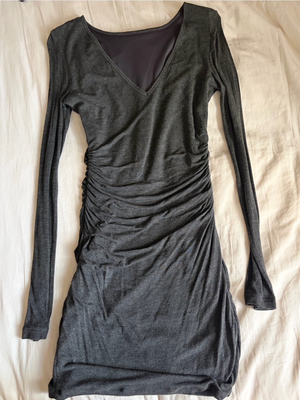 Charcoal Long Sleeve Ruched Bodycon Dress